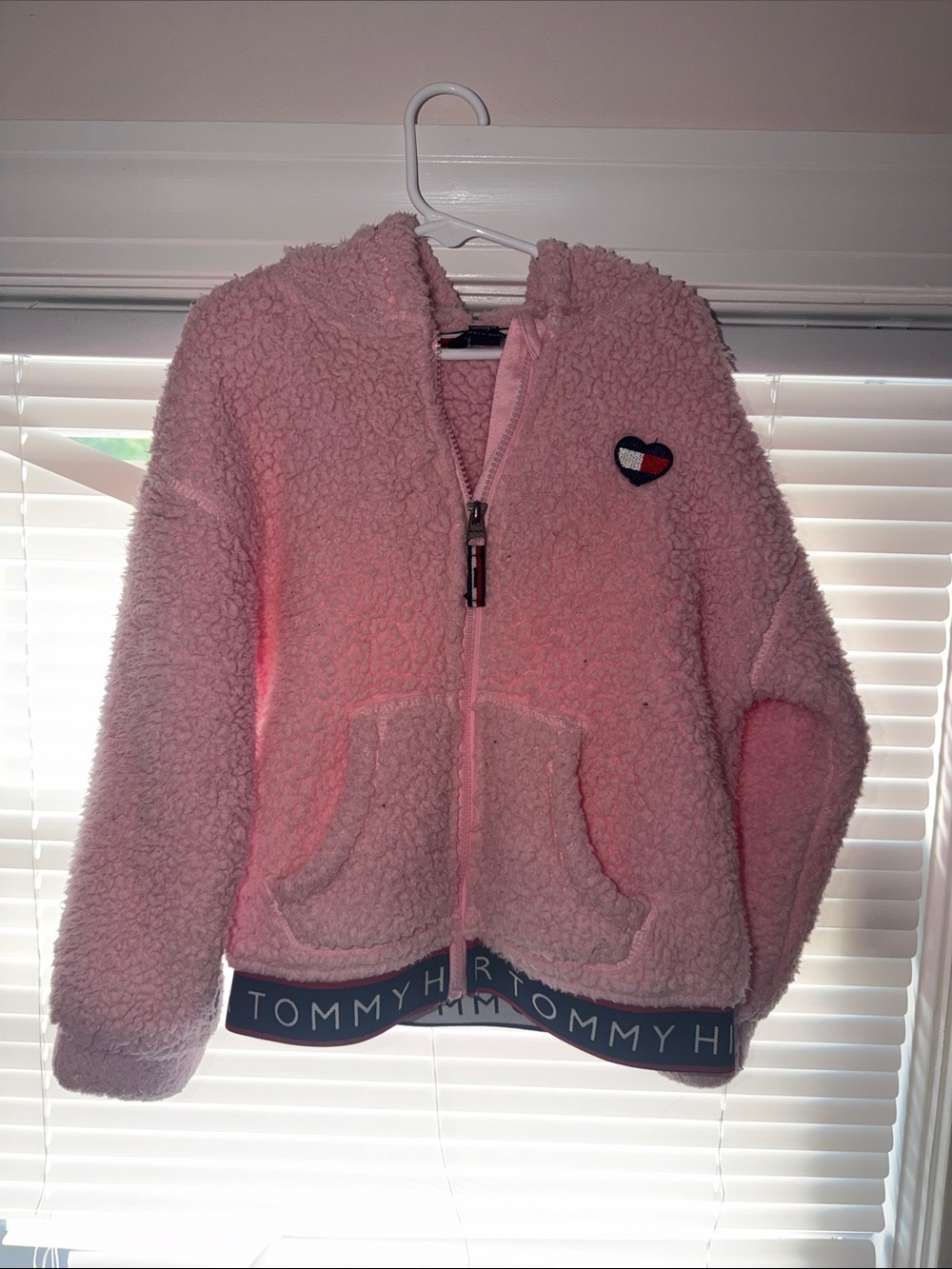 Tommy Hilfiger Light Pink Sherpa Zip-Up Hoodie with Heart Patch